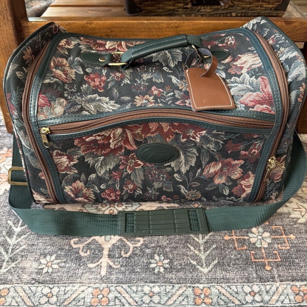 Vintage Atlantic Green Floral Tapestry Duffel Bag Carry-On Travel Weekender